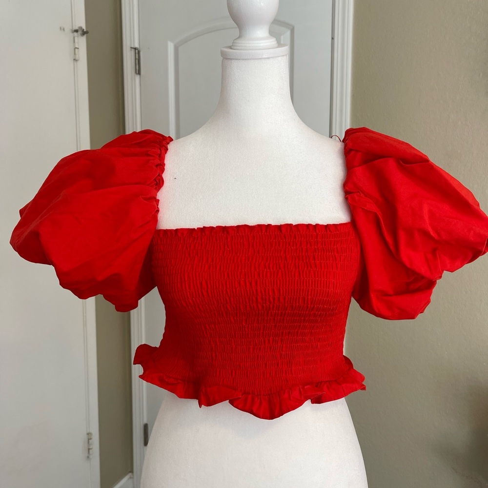 Zara top, red , with puff sleeves